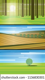 Set of simple vector landscapes. Picturesque graphic illustrations of natural scenery.
