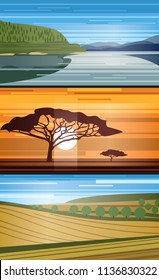 Set of simple vector landscapes. Picturesque graphic illustrations of natural scenery.