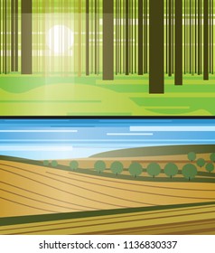 Set of simple vector landscapes. Picturesque graphic illustrations of natural scenery.