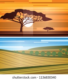 Set of simple vector landscapes. Picturesque graphic illustrations of natural scenery.