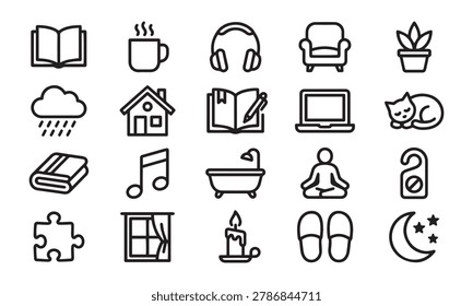 Set of simple vector line art icons including warm drinks cat window candle and comfy furniture for domestic relaxation.