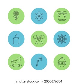 Set of simple vector linear Christmas icons. Winter outline symbols on white background