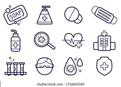 	
Set simple vector lined icons. Virus, covid, quarantine icons.