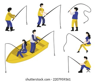 Set of simple vector minimal male and female anglers with fishing rods. Blue and yellow cartoon clipart of amateur fishermen isolated on transparent background