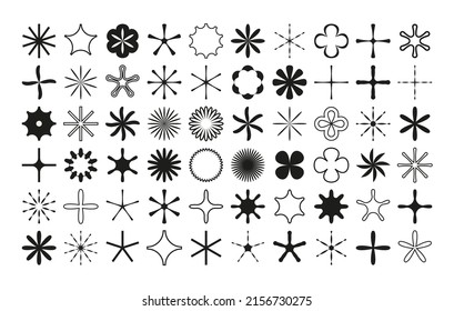 Set of simple vector objects in a modern style, contemporary figures of the sun, flowers and stars, square and round shapes, linear with strokes and full