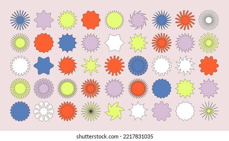Set of simple vector objects in a modern style, contemporary figures of the sun, flowers and stars, square and round shapes, linear with strokes and full