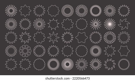 Set of simple vector objects in a modern style, contemporary figures of the sun, flowers and stars, square and round shapes, linear with strokes and full