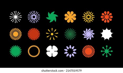 Set of simple vector objects of unusual shapes in a modern brutalism style, figures of the sun, flowers and stars. 