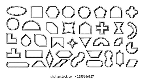 Set of simple vector primitive figures. Pseudo 3d geometric shapes with halftone effect. Linear and filled, with sharp and rounded corners.	
