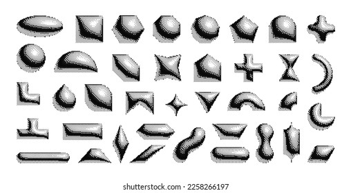 Set of simple vector primitive figures. Pseudo 3d geometric shapes with halftone effect.With sharp and rounded corners.	