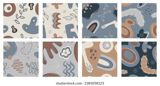 Set of simple vector seamless patterns. Abstract geometric shapes and spots.