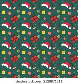 Conjunto de padrões simples vetor sem emenda com chapéu de Santa, presentes, ornamento. Arte e Ilustração