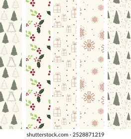 Set of simple vector seamless patterns with Christmas lights, Xmas tree, snowflake. Art and Illustration