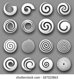 Set of simple vector spiral rounds on a grey background