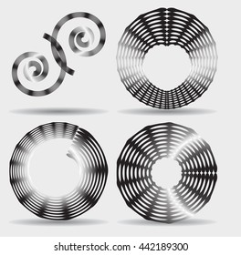 Set of simple vector spiral rounds a gray background.