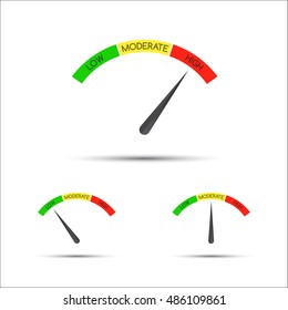 Set of simple vector tachometer with descriptions (low, moderate, high), speedometer icon, performance measurement symbol
