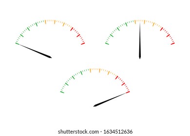 Set of simple vector tachometers with indicators in red, yellow and green part,  speedometer icon, performance measurement symbol isolated on white background