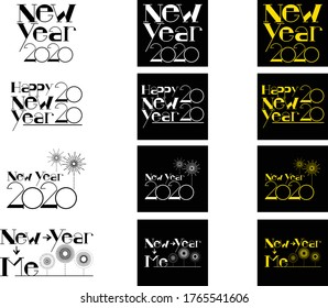 Set of Simple Vector Typography Design of New Year 2020 in Black, White and Yellow