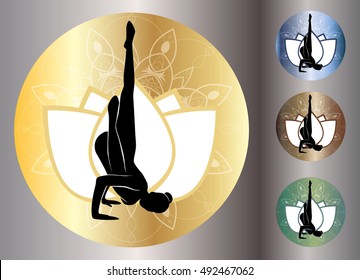 Set of simple vector yoga icons with fallen angel pose over metallic background, lotus and mandala.