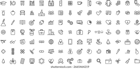 A set of simple, vectorized outline icons representing business, medicine, and general concepts. Silhouettes depict education, finance, health, and travel themes.