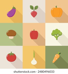 A set of simple vegetable icons with shadows. The concept of a healthy, nutritious diet. Veganism, vegetarianism. Vector