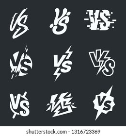 Set of simple versus sign in different styles. White Versus icons isolated on dark background. VS letters collection. Symbol of competition, dispute, fight. Element for your design. Vector eps 10.