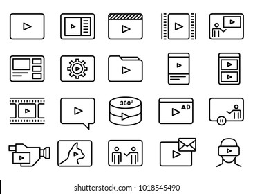 Set of Simple Video Content Related Vector Line Art Icons. Consist of Presentation, Stream, Virtual Reality, Advertisement, Vlog, Mobile Phone, Tablet, Camera Icons. Pixel Perfect.