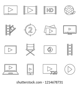 Set of Simple Video Content Related Vector Line Art Icons. Consist of Presentation, Stream, Virtual Reality, Advertisement, Vlog, Mobile Phone. Simple pictograms.