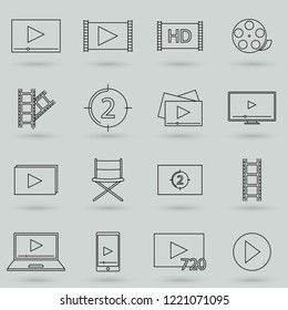 Set of Simple Video Content Related Vector Line Art Icons. Consist of Presentation, Stream, Virtual Reality, Advertisement, Vlog, Mobile Phone. Simple pictograms.
