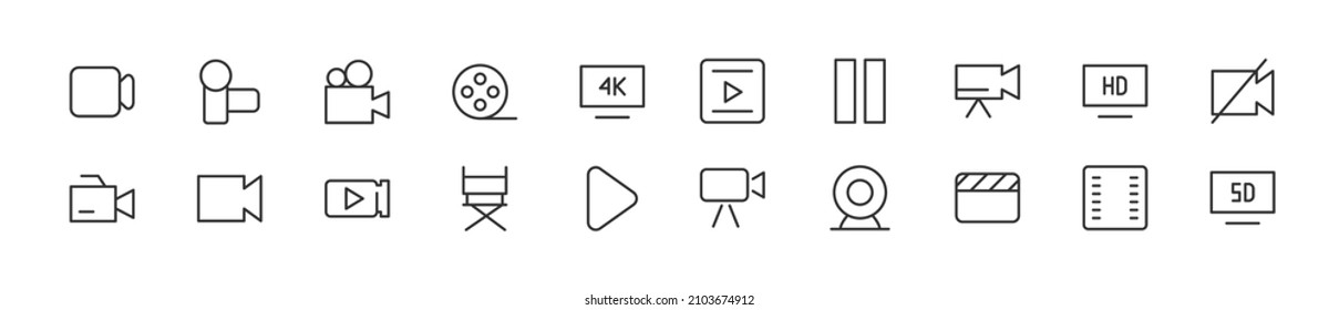 Set von einfachen Symbolen für Videozeilen. Strich-Objekt in Umrissen. Paket mit linearen Schildern. Perfekt für Web-Apps und mobile Anwendungen.