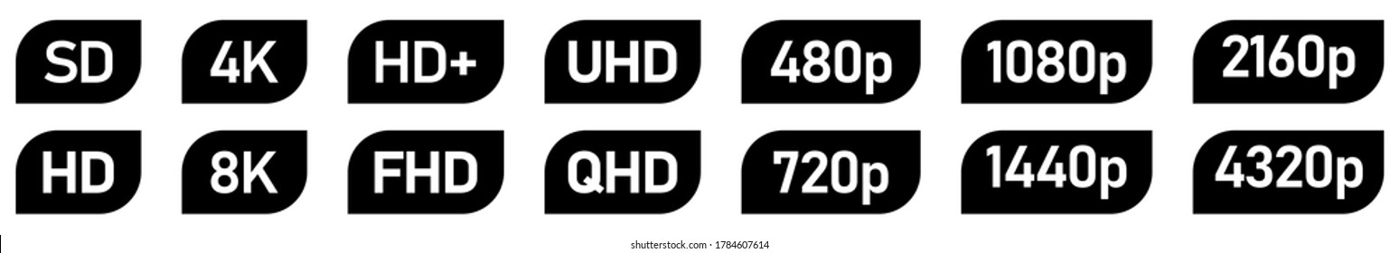 Set of simple video or movie resolution icons, number and text in rectangle with two rounded corners