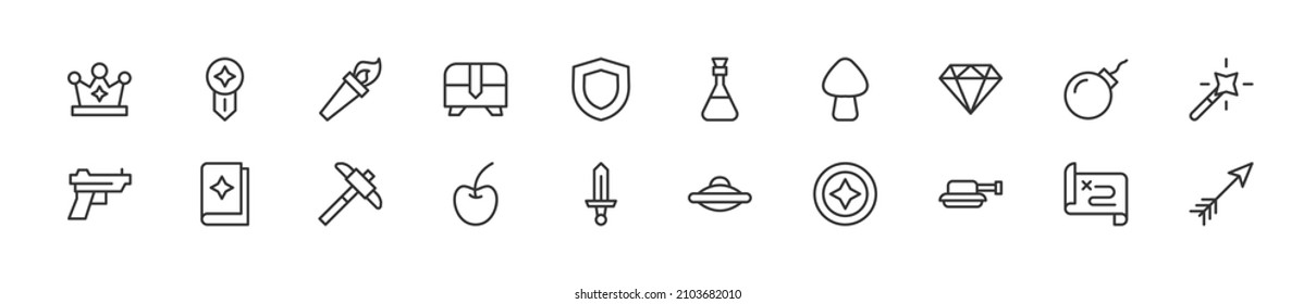 Set of simple videogame line icons. Outline stroke object. Linear signs pack. Perfect for web apps and mobile.