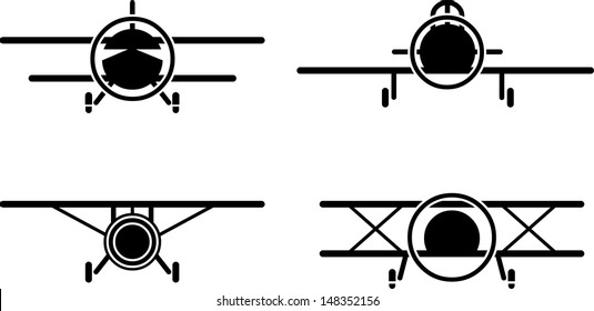 Set of simple vintage airplane front view icons.