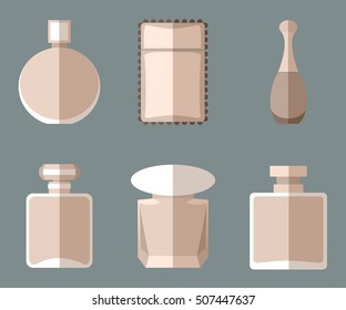 Set of simple vintage beige perfumery flat icons with long shadows on grey background vector illustration