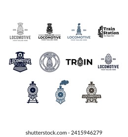 Conjunto de ilustración de la plantilla de diseño del logotipo del tren de locomotora antiguo simple vintage.