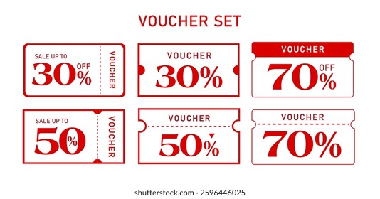 Set of simple voucher cards with coupon code, percentage off, isolated on white background. Coupon book in set template. Vector gift voucher set