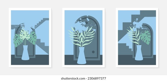 Set of simple wall decor templates with beautiful hand drawn flower shape decorations. abstract botanical background For wallpaper, poster, home interior, waiting room, room room, living room