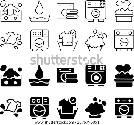 A set of simple washable icons, featuring laundry care, cleaning, and hygiene. Includes washing machine symbols, hand wash, water temperature, and fabric care signs. 
