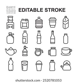 Set of Simple Water Container Related Vector Line Icons. Contains Icons like Bottle, Teapot, Water Tap and more.