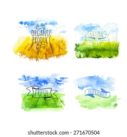 Set of simple watercolor landscape with fields. Vector illustration of nature in a Provencal style. Organic farms. 