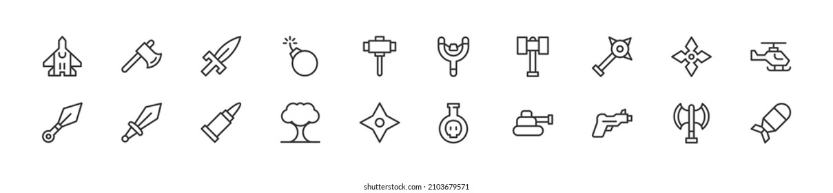 Set of simple weapon line icons. Outline stroke object. Linear signs pack. Perfect for web apps and mobile.