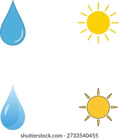 Conjunto de iconos de Clima simples con una gota de agua azul y un símbolo de Elementos de diseño planos amarillos para pronósticos y App climáticos aislados en blanco	