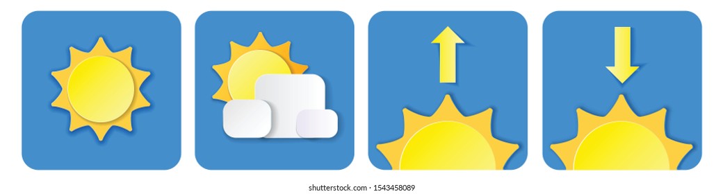 set of Simple weather icons. Summer vector elements with paper cut. sun, cloud and arrow down up isolated in blue background. Vector illustration. web and mobile app illustration. Modern 3d sunset
