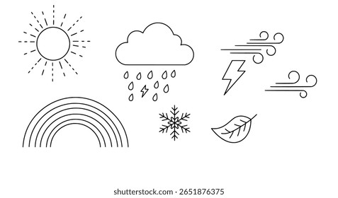 Um conjunto de ícones simples da linha do tempo. Uma coleção minimalista de símbolos de previsão, incluindo um sol, arco-íris, nuvem e neve para aplicativos.