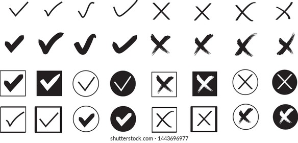 Set of simple web buttons: black check mark and  cross. Circle and square, with sharp and rounded corners. Thirty two different  ticks or check marks and reject icons, simple flat design. Vector Eps.8