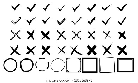 Set of simple web buttons: black check mark and cross. Circle and square, with sharp and rounded corners. Large collection of flat buttons. Tick and cross vector signs.