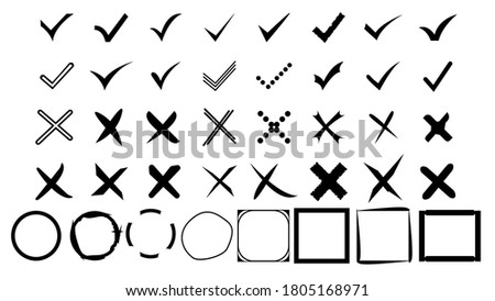 Set of simple web buttons: black check mark and cross. Circle and square, with sharp and rounded corners. Large collection of flat buttons. Tick and cross vector signs.