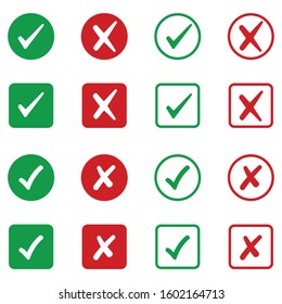 Set of simple web buttons, green check mark and red cross. vector icon Illustration