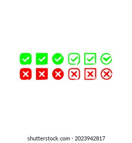 Set of simple web buttons, green check mark and red cross. vector icons Illustration