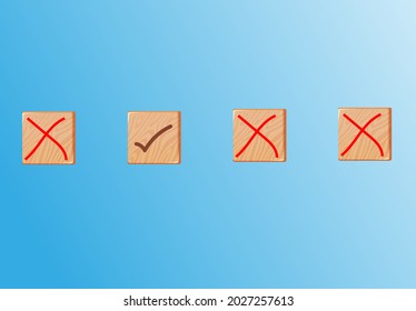 Set of simple web buttons: green check mark and red cross. sqn wooden blocks, blue background, Checklist concept